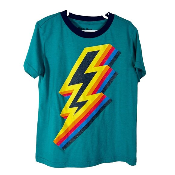 Bold Blue Kids Lightning Bolt Retro Tee Rainbow Ringer T-Shirt Teal 7 - Picture 1 of 8